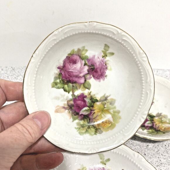 Vintage German porcelain berry bowls set of 3 pink & yellow roses trinket dishes - Picture 3 of 6